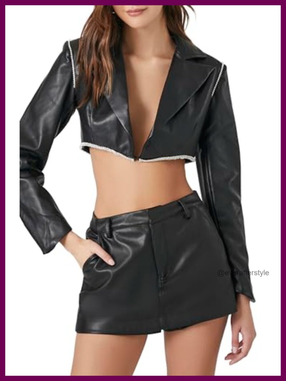 Cropped Faux Leather Jacket Notched Lapel Rhinestone Trim Long Sleeve